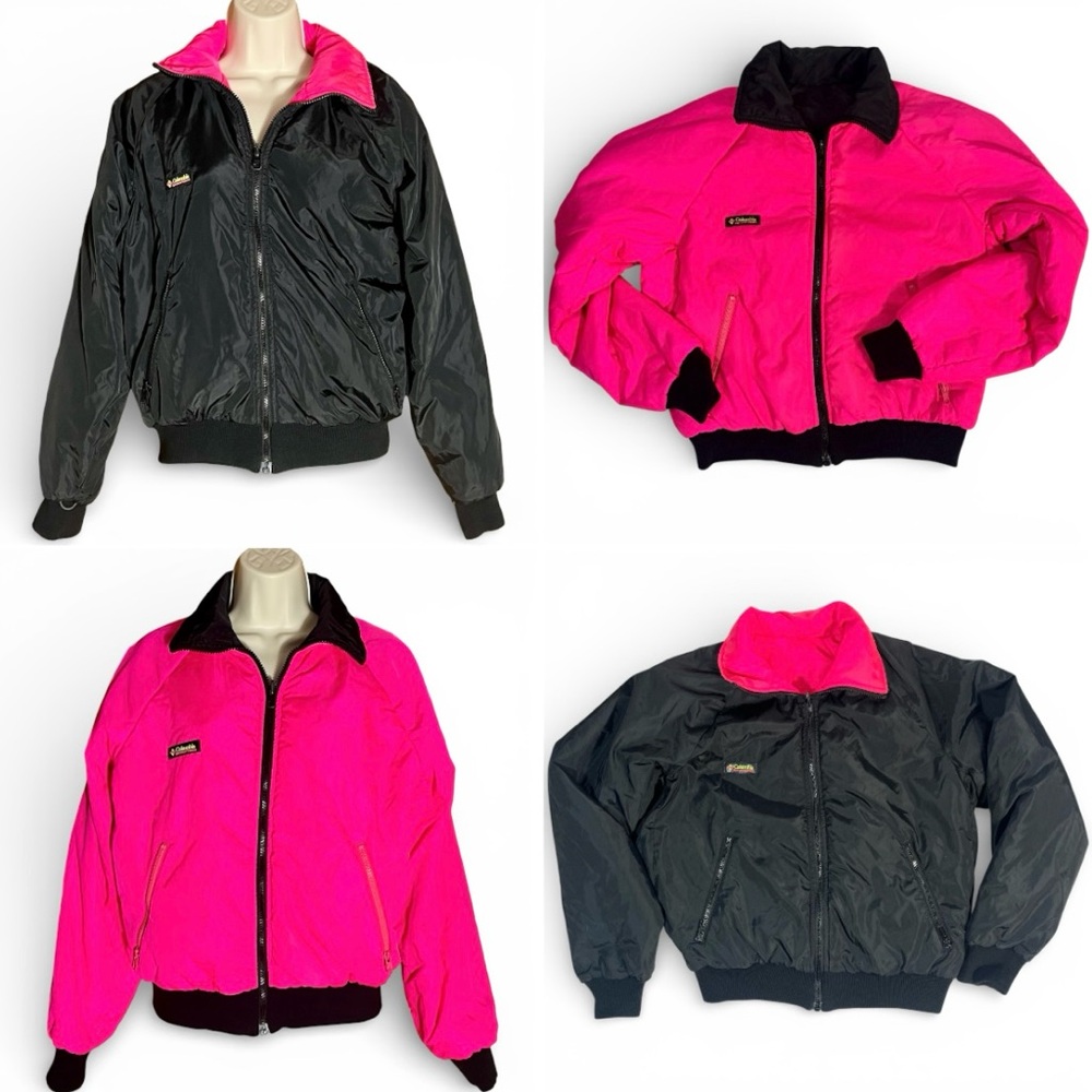 Columbia Vintage Reversible Ski Jacket Zip 90s Bomber Women’s L Black/Pink Neon